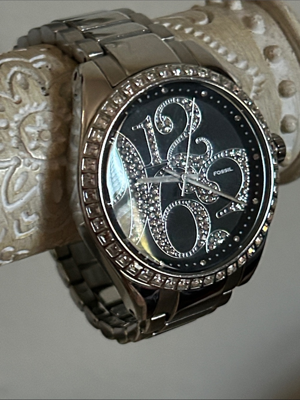Fossil Silver Crystal Abstract Numeric Bling Accent Watch with Black Dial EUC
